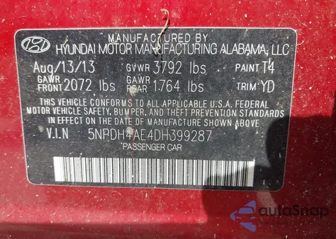 2013 Hyundai Elantra Gls z USA, uszkodzony, nr VIN 5NPDH4AE4DH399287